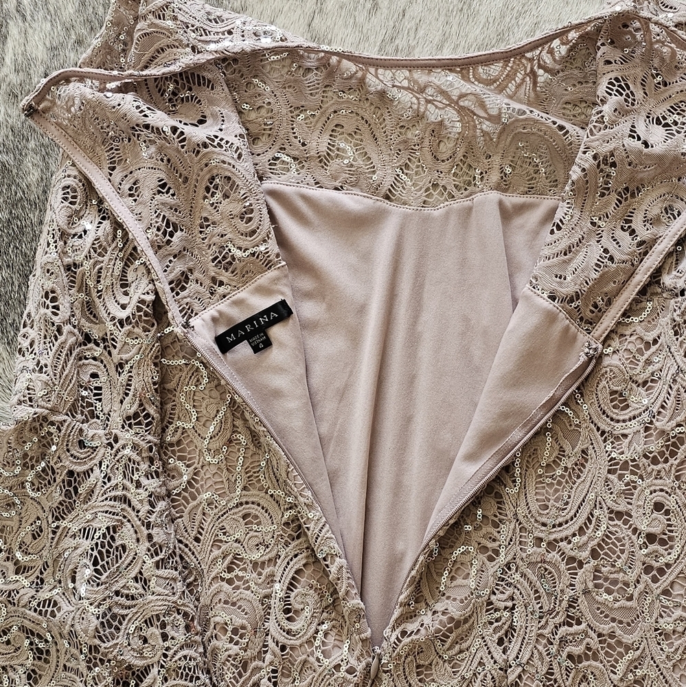 3 for $30! SALE Marina Lace Sequined Illusion Blush Sheath Bell Sleeve Dress - Picture 8 of 13